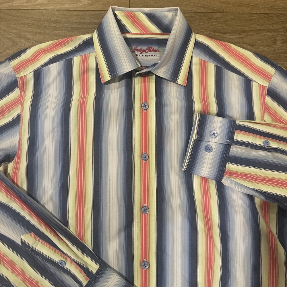 Vintage Indigo Palms Mens M Striped Button Down Blue Yellow Red Long Sleeve